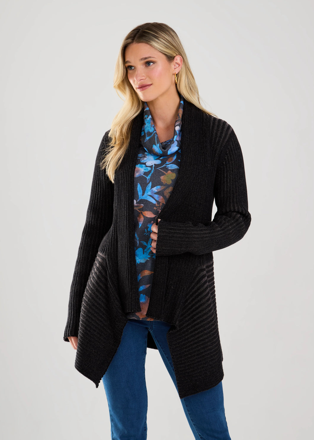 BLACK 2 TONE OPEN FACE CARDIGAN