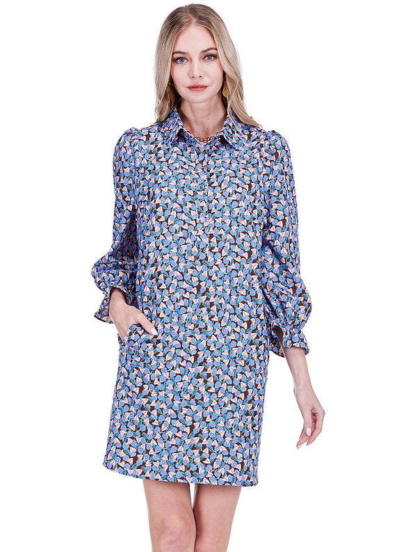 Placket Collar Dress Blue Empire