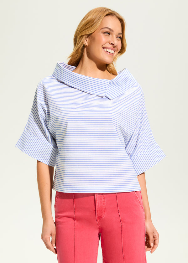 FDJ - Stripe Poplin Crossover Neck Top