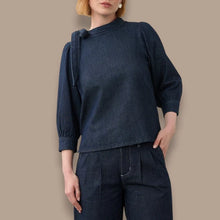 Load image into Gallery viewer, Tie Shoulder Dark Wash Denim Top
