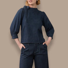 Load image into Gallery viewer, Tie Shoulder Dark Wash Denim Top
