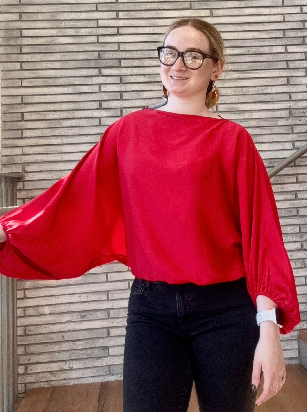 Washed Satin Boat Neck Blouson Top