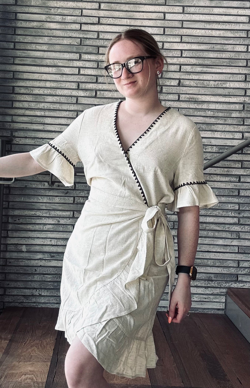Linen Fancy Contrast Stitch  Dress