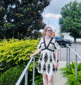 V - Neck Print Dress W/Embroidered Trim