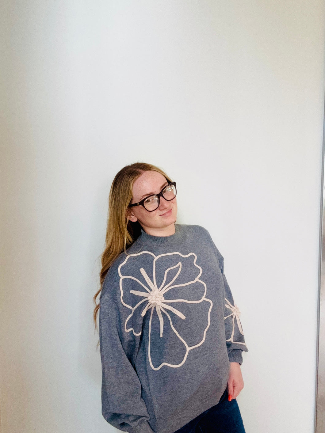Grey Melange Knit Embroidery Sweater