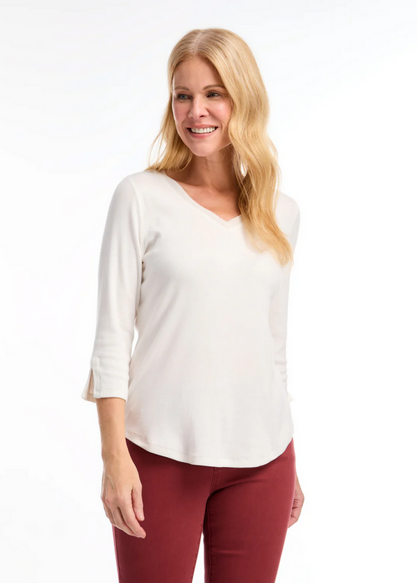 IVORY BABY RIB 3/4 VNECK TOP