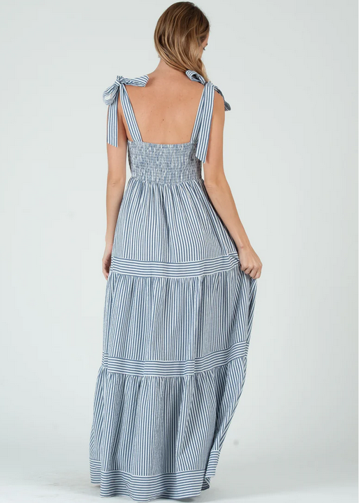 CAPRI STRIPE RUFFLE MAXI DRESS-NAVY