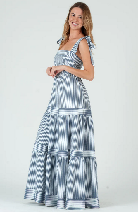 CAPRI STRIPE RUFFLE MAXI DRESS-NAVY