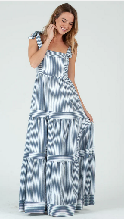 CAPRI STRIPE RUFFLE MAXI DRESS-NAVY