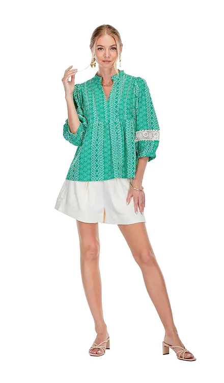 Joy Joy - Green Eye Lace Trim Batwing Top