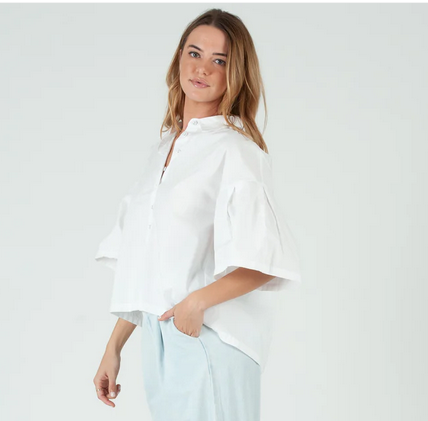 Women’s White Pleated Button Down Shirt