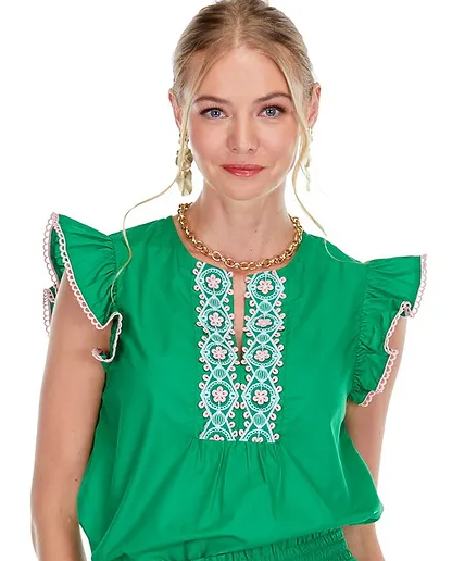 JoyJoy - Green Trim Flutter Slv Shell Top