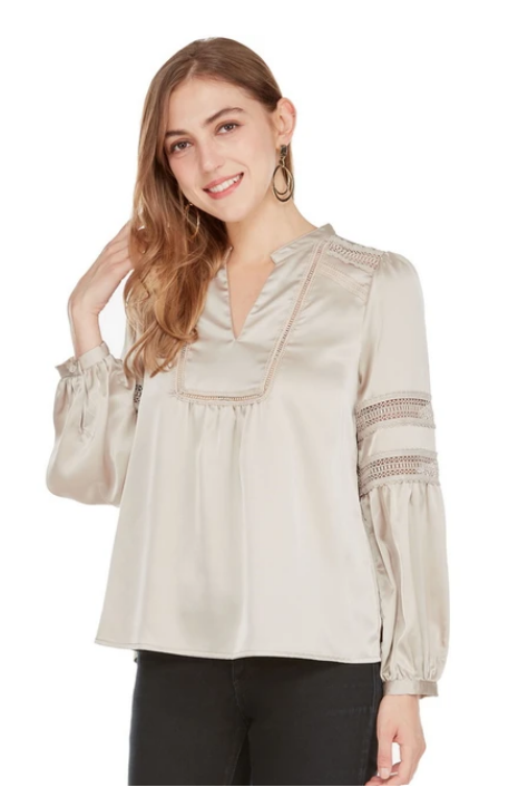 Lace Trim Blouse - Taupe