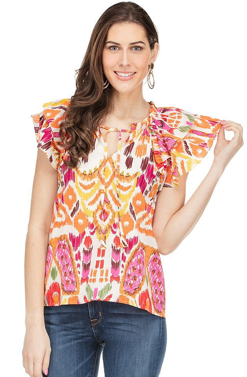 tiered sleeve ruffle blouse - aztec heat