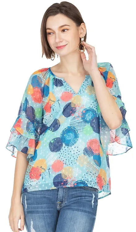 BLUE DISCS FLARED SLEEVE TOP