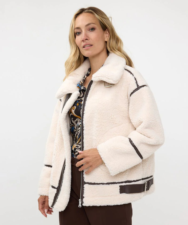 Biscuit Bonded Suede Trim Faux Fur Jacket