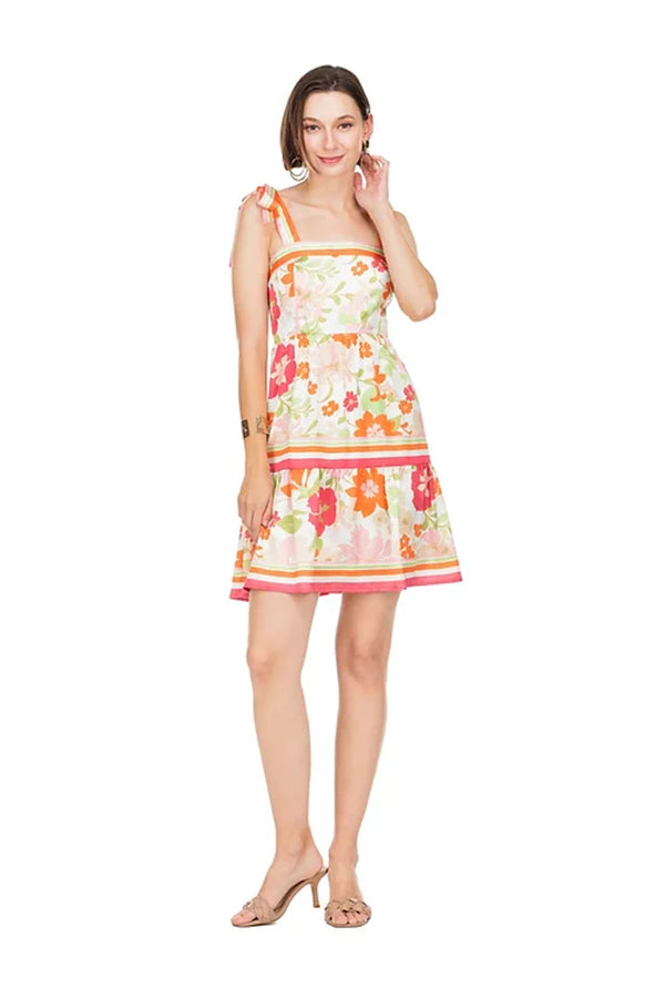 floral border tie shoulder tiered dress