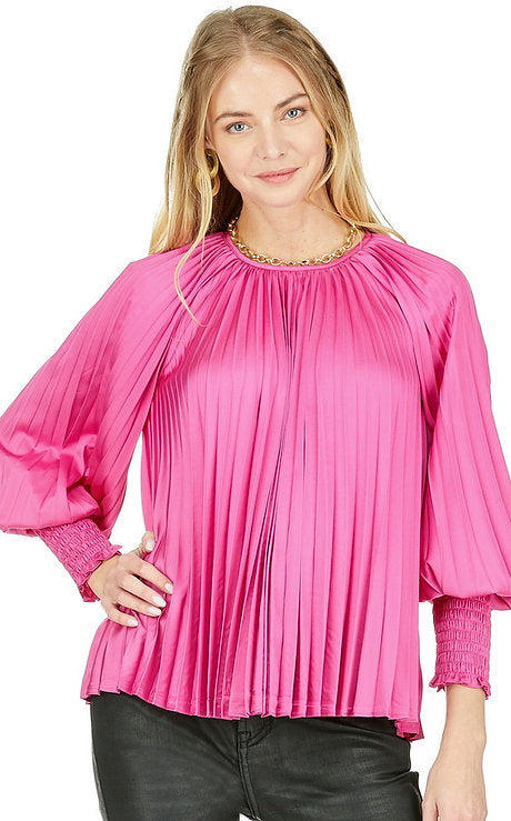 pleat bishop sleeve top - cerise