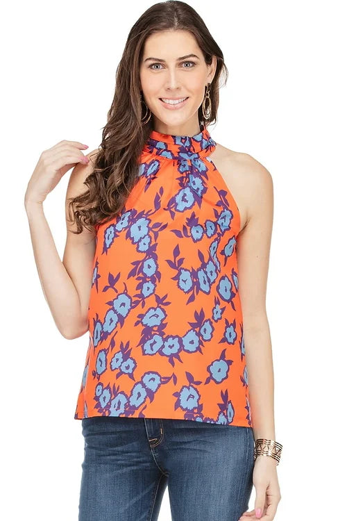 gathers neck tier halter - contrast poppies