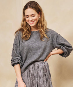 Grey Raglan Pearls Melange Sweater