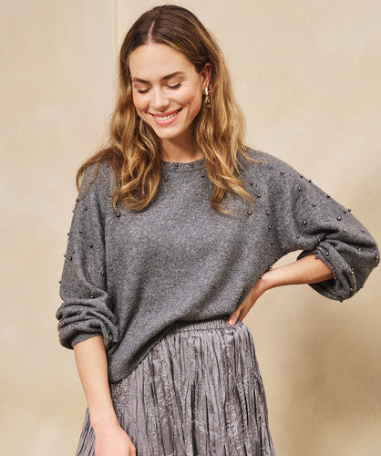 Grey Raglan Pearls Melange Sweater