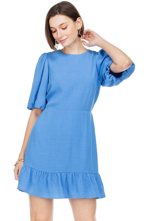 blue fitted flounced dress