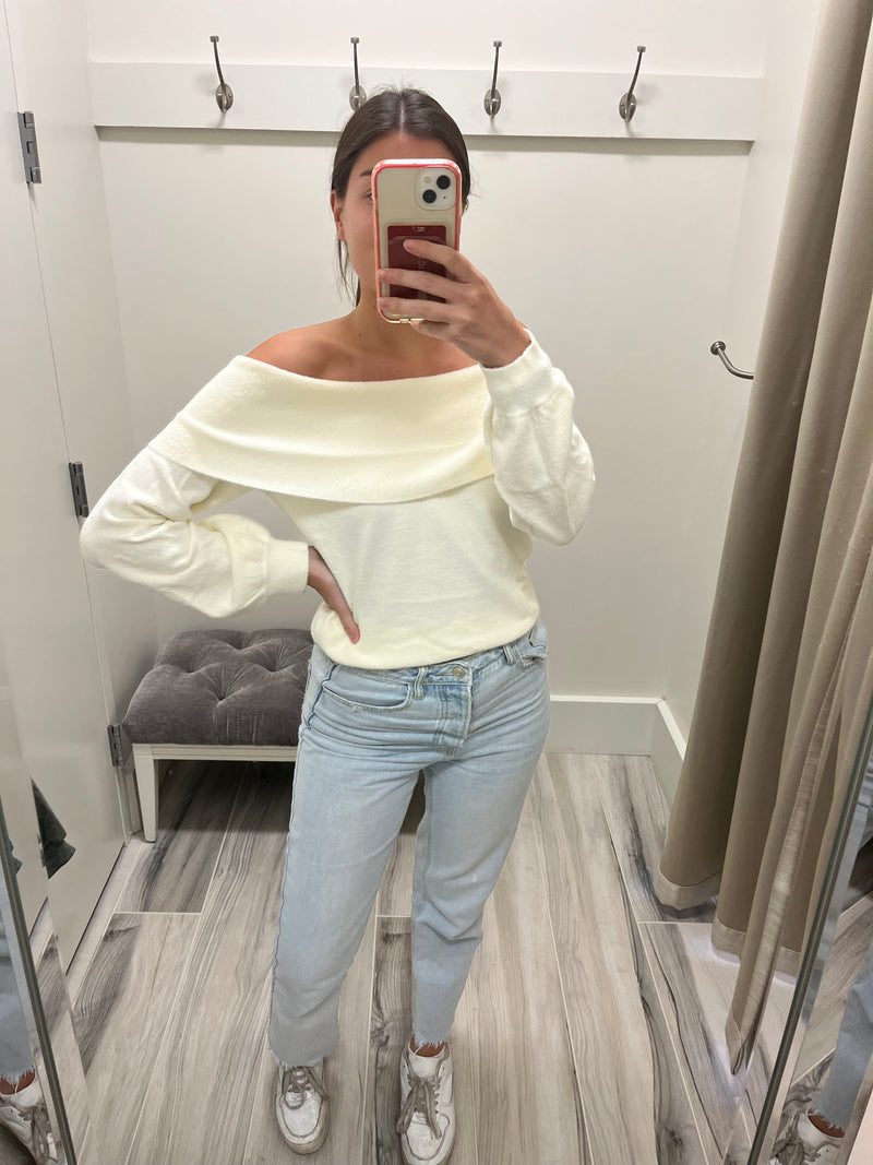 fold-over off shoulder sweater - ivory