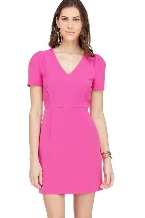 v-neck short sleeve dress - fuschia