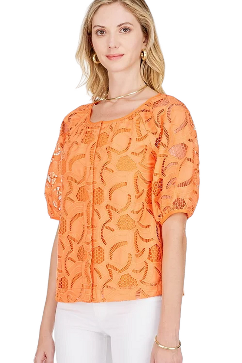 orange button lace blouse