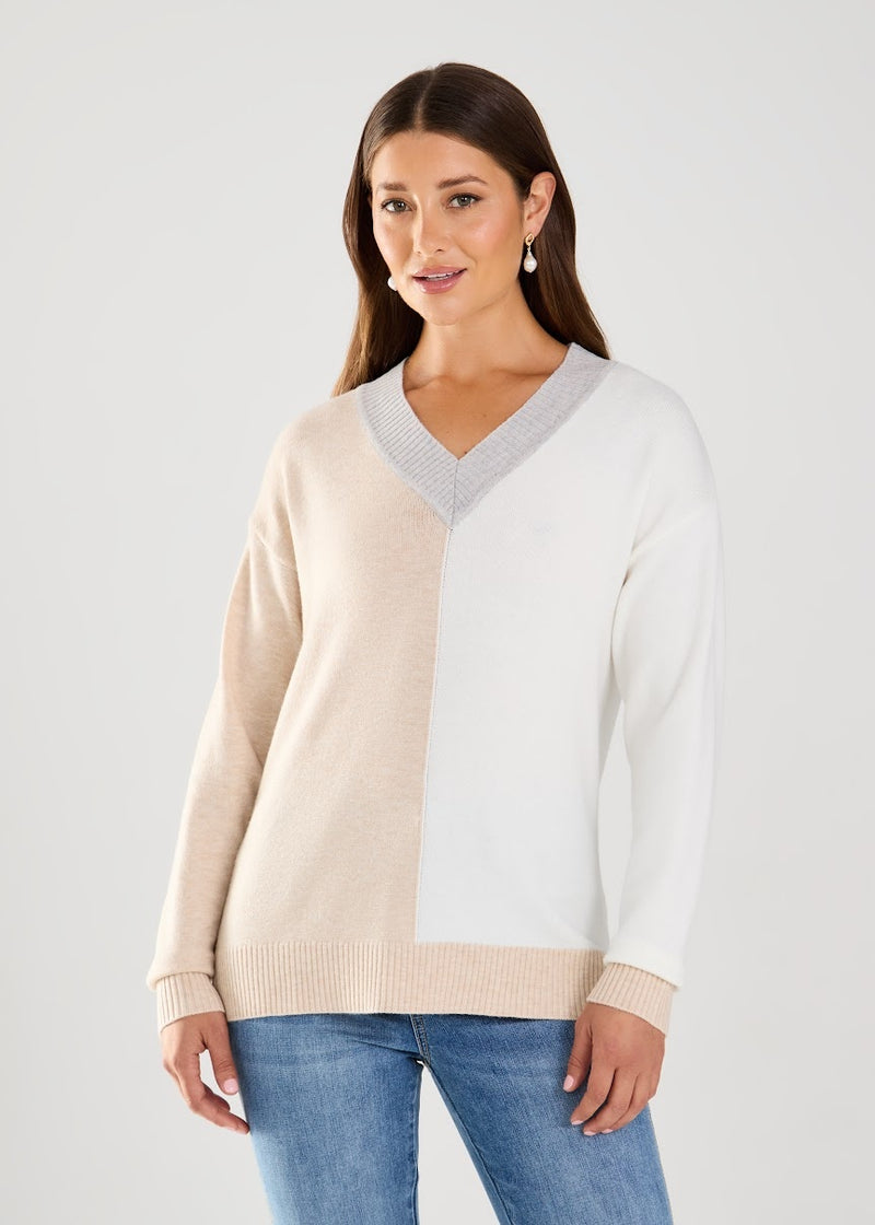 oatmeal colorblock v neck sweater