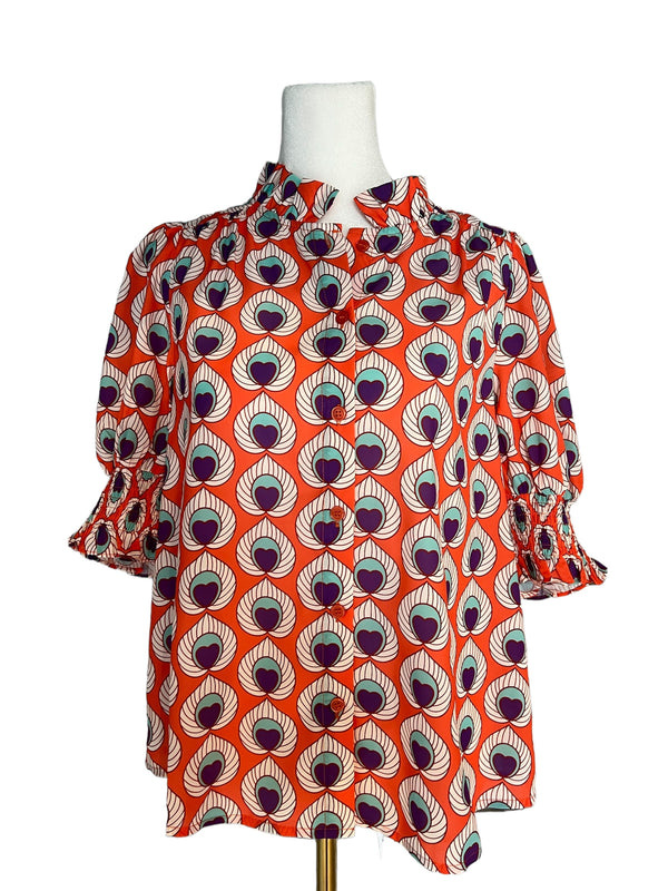 Orange Peacock Ruffles Puff Slv Blouse