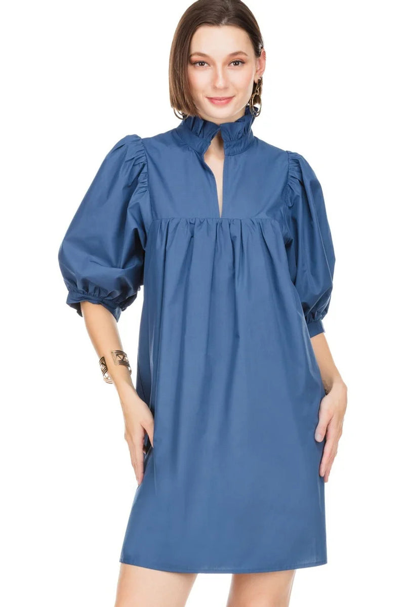 high neck puff sleeve dress - navy