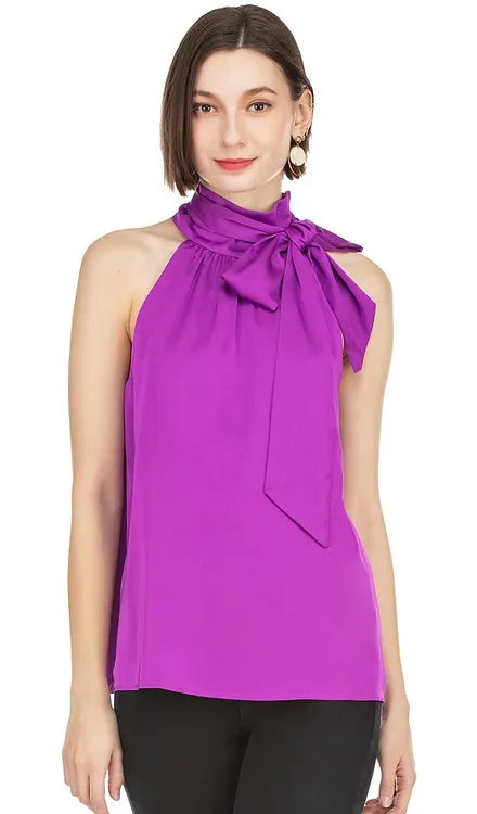 PURPLE TIE NECK HALTER