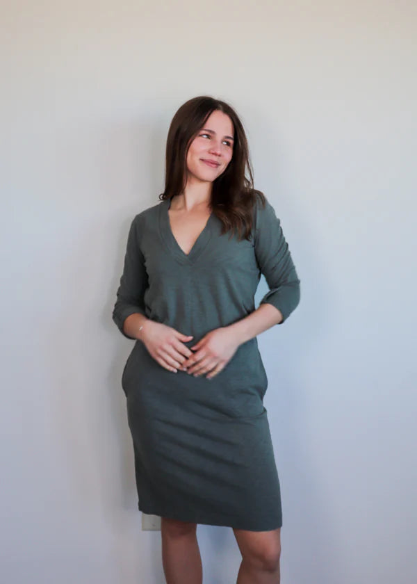 Sleeve Tab V- Neck Dress- Dark Sage