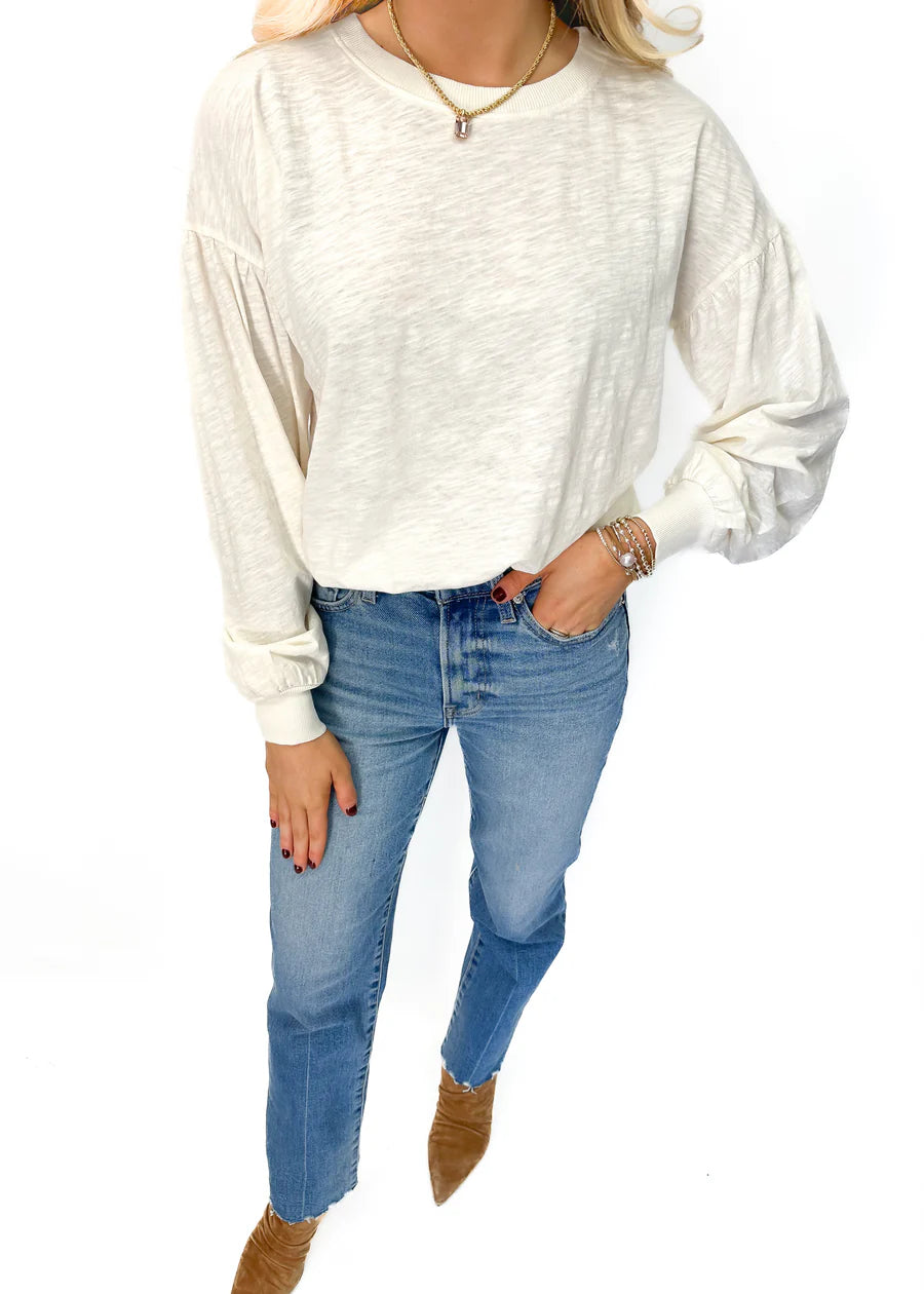 WIDE SHIRRED SLV DROP SHOULDER PULLOVER - PARCHMENT