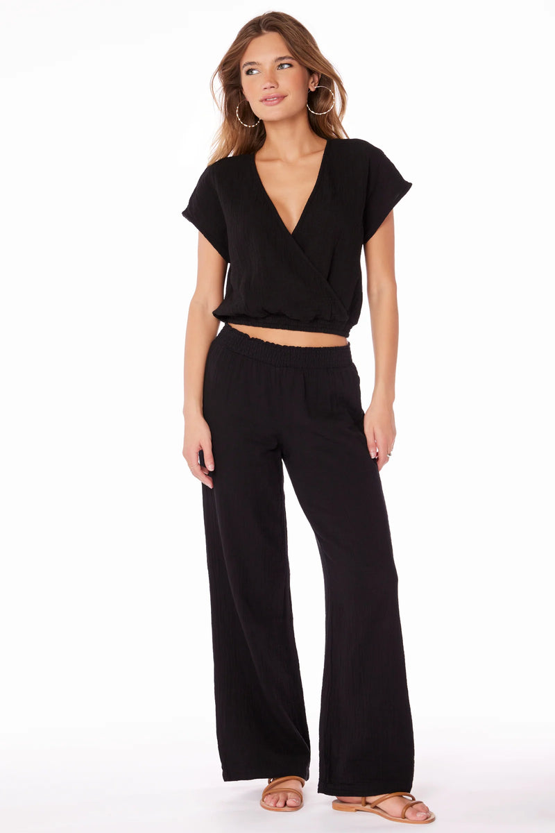 black smocked waist wide leg pant