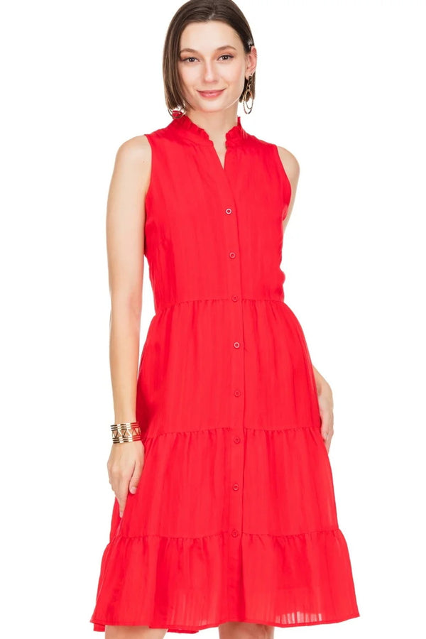 red button front tiered dress