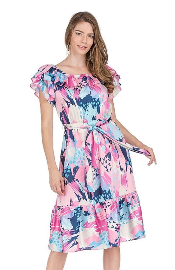 RUFF CINCH WAIST DRESS - PINK