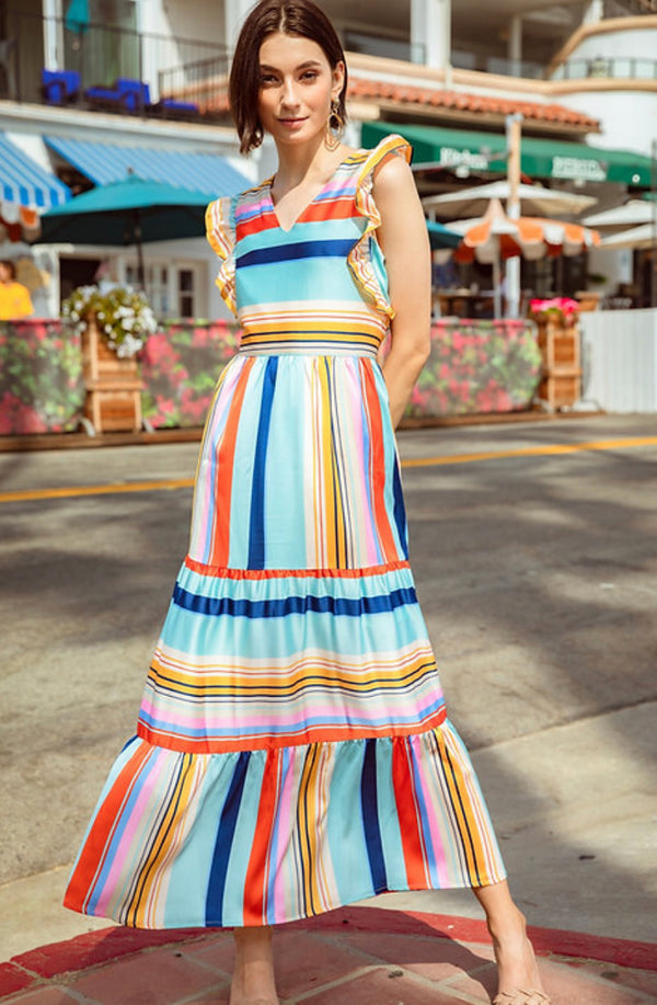 V-Neck Tiered Maxi Dress - Multi Stripe