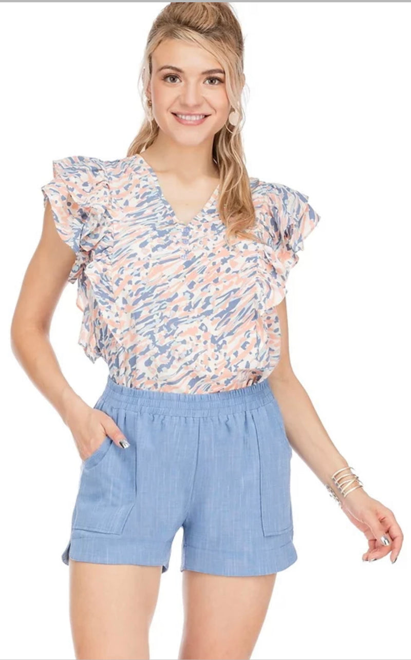 V-Neck Ruffles Top - Brush Stroke