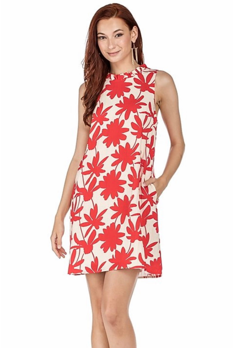 RUFFLE SQUARE BACK DRESS - RED FLORAL