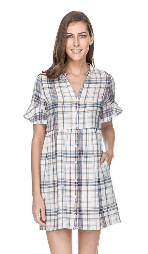 BLUE PLAID SHORT SLEEVE DRESS