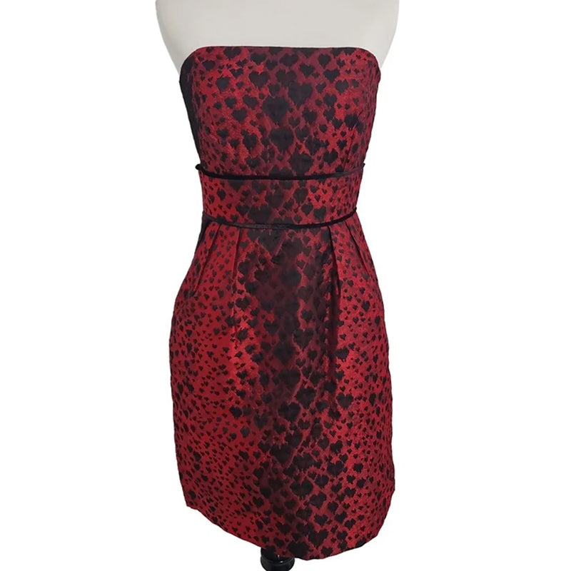 Strapless Trim Waist Dress - Red Brocade