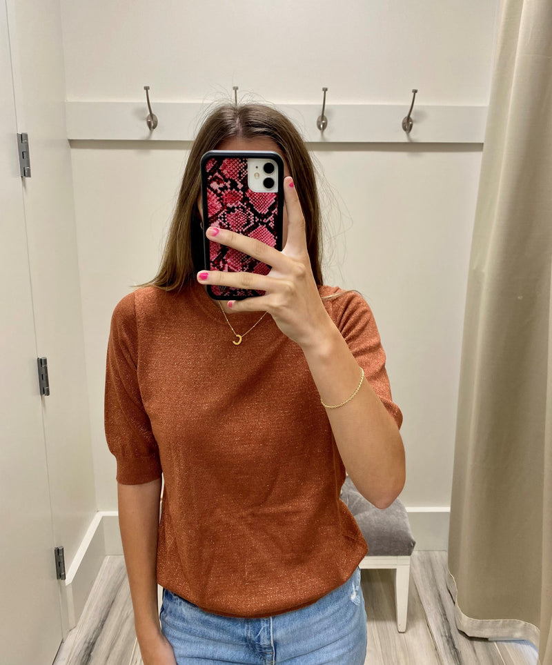 Burnt Orange Splarkle Puff Sleve Top