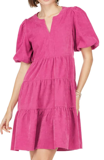 Fuschia Balloon Sleeve Tier Dress