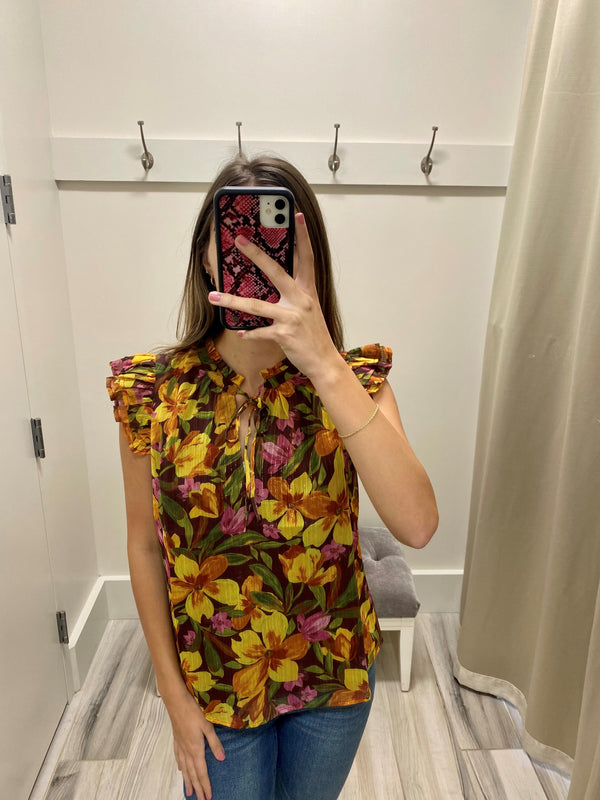 Floral Front Tie Ruflles Blouse