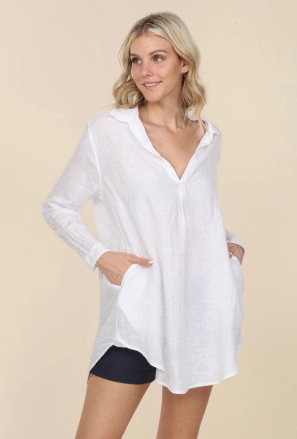 Long Collar Shirt W/ Pockets - White