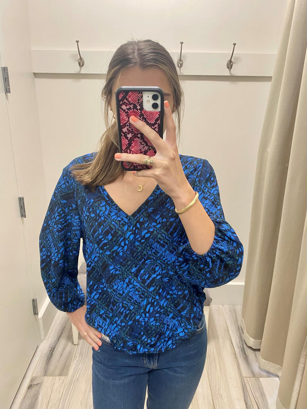 Printed Blue Long Sleeve Blouse