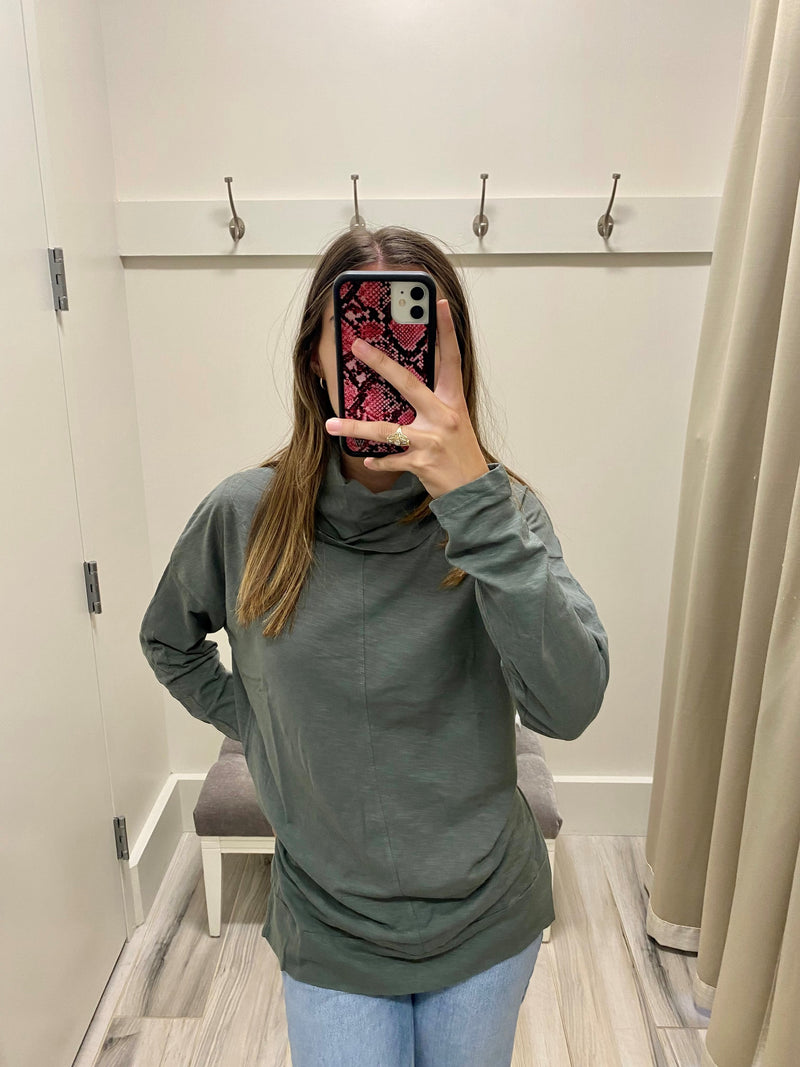 Slouchy Funnel Neck Tee- DK Sage