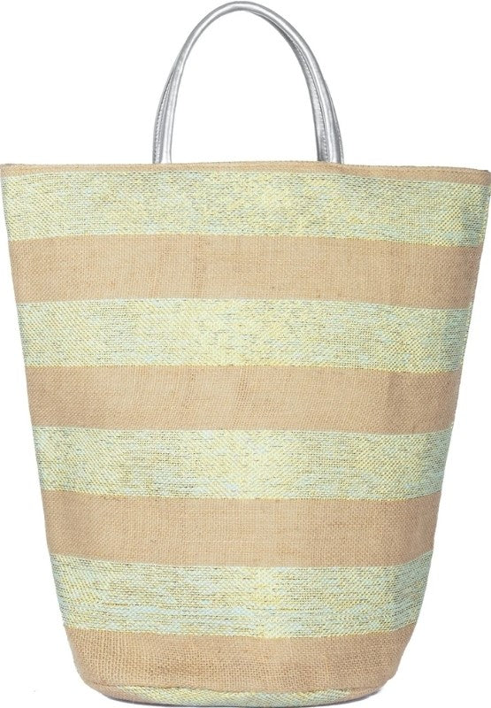 Striped Tote w/ Meallic Silver Leathr Handles Natural